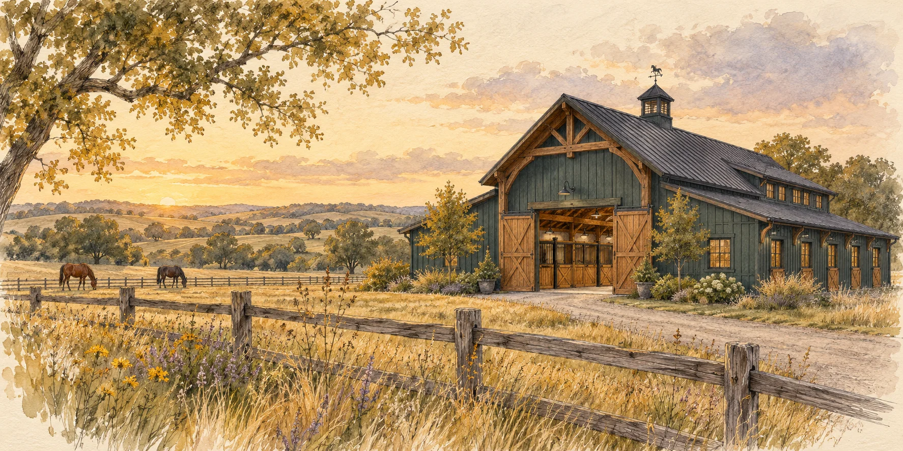Illustrative horse barn concept on rural acreage, with a center-aisle entrance and paddock.