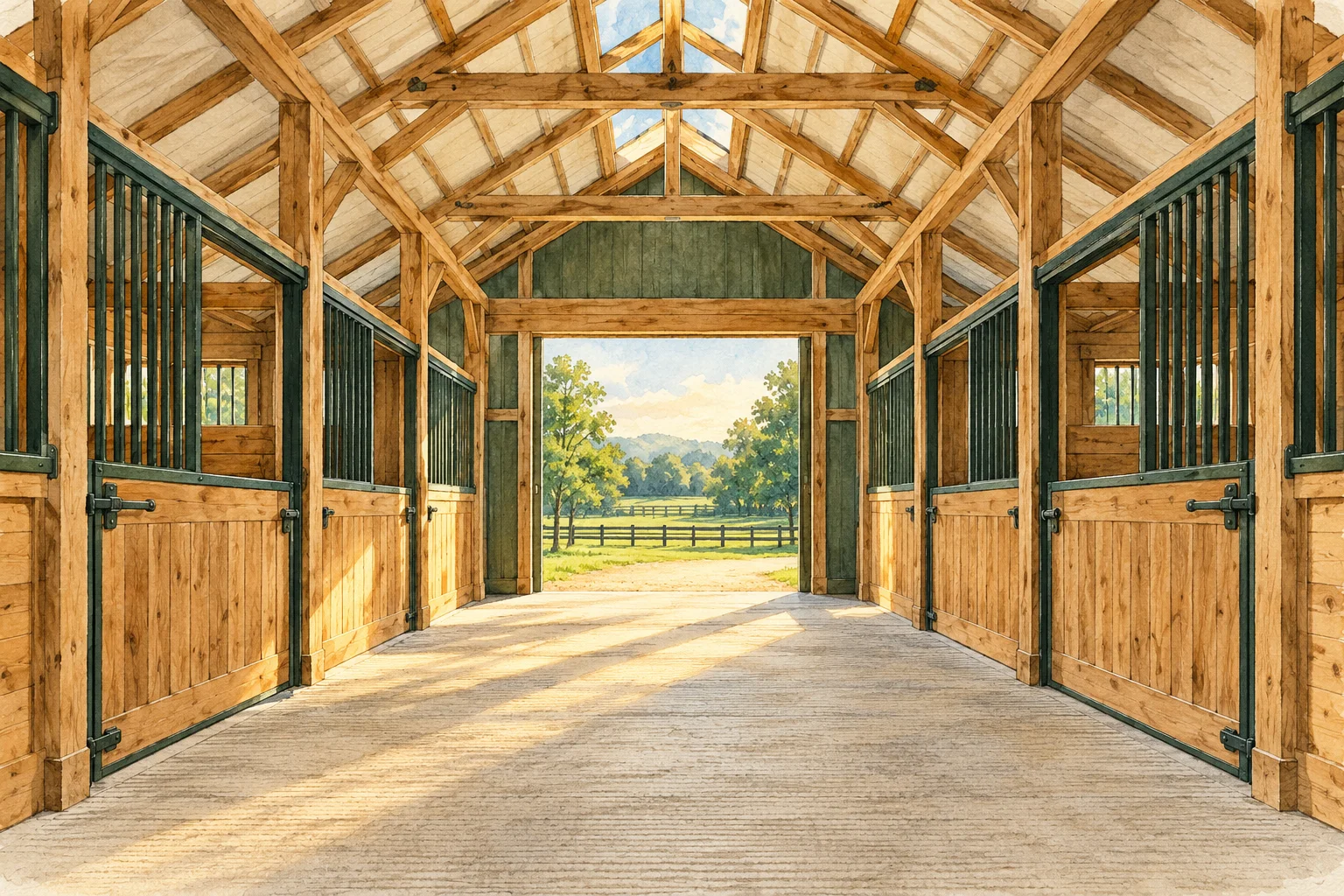 Illustrative barn interior concept with stall fronts beside an open center aisle.